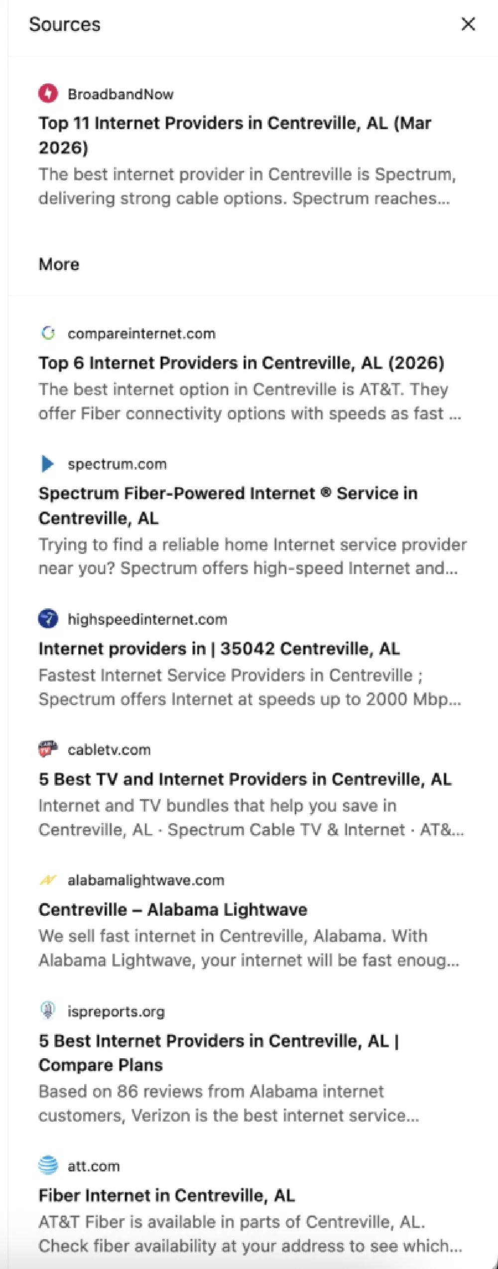 ChatGPT ranking of rural Alabama internet providers, with AT&T Fiber first and local wireless ISPs ranked third.
