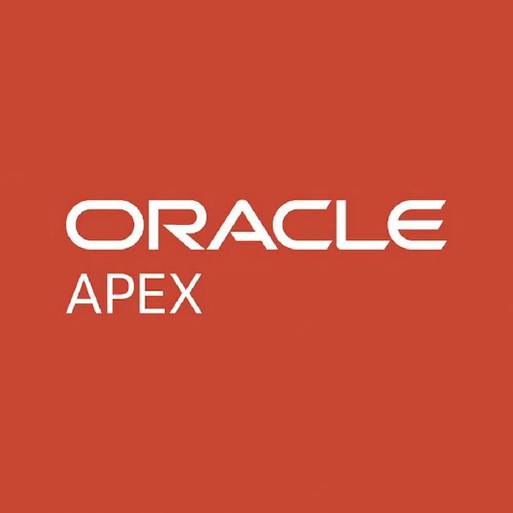 Oracle APEX logo, the white ‘ORACLE’ wordmark above ‘APEX’ on a brick-red square background.