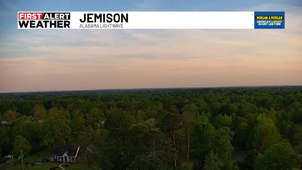 First Alert Sky Vision webcam shot from Jemison, Alabama, branded 'Alabama Lightwave,' showing rolling pine forest at dusk.