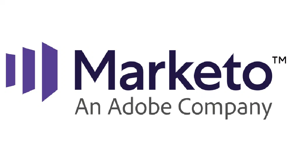 Marketo logo, with a stack of three purple bars next to the dark navy “Marketo” wordmark and the tagline “An Adobe Company.”