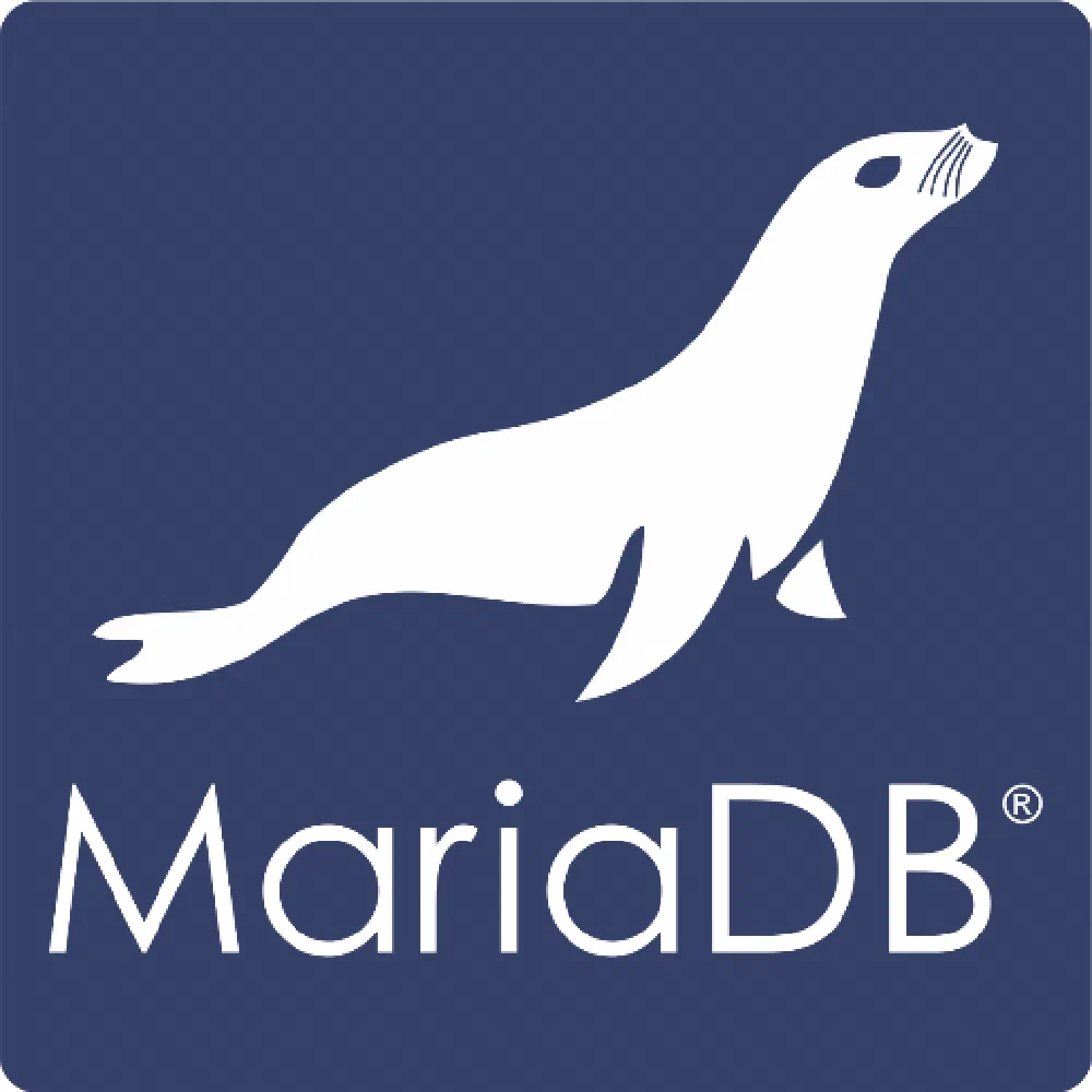 MariaDB logo, a white seal silhouette on a dark navy rounded square with the 'MariaDB' wordmark beneath.