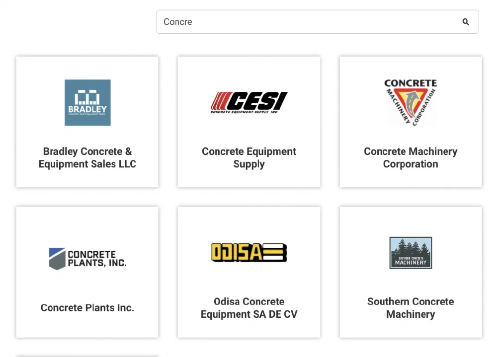 Screenshot of the Command Alkon Partners directory after searching “Concre,” showing logo cards for Bradley Concrete, CESI, Concrete Equipment Supply, Concrete Machinery Corporation, Concrete Plants Inc, Odisa Concrete, and Southern Concrete Machinery.