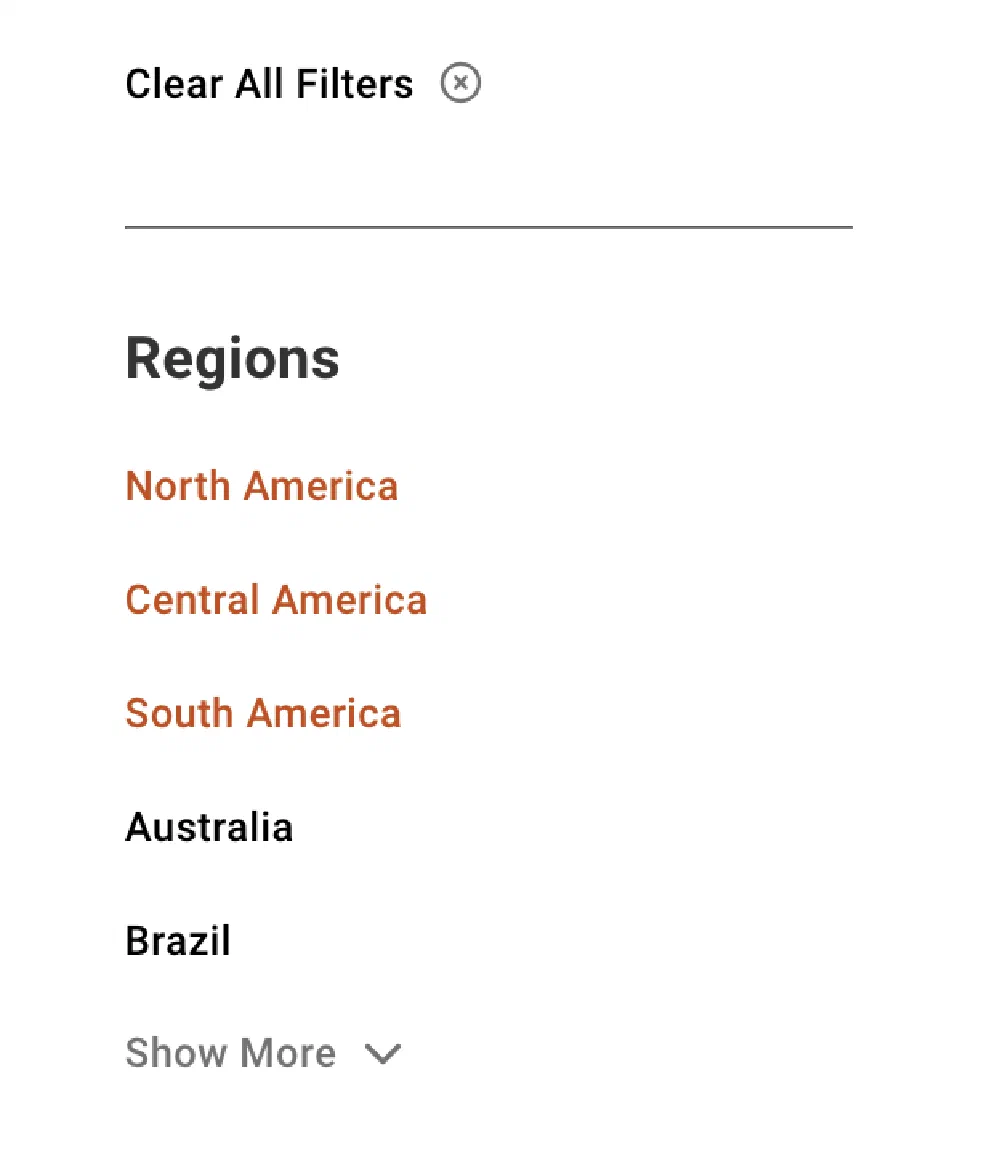 Command Alkon Partners directory filter sidebar with a “Clear All Filters” button and a list of region options including North America, Central America, South America, Australia, and Brazil.