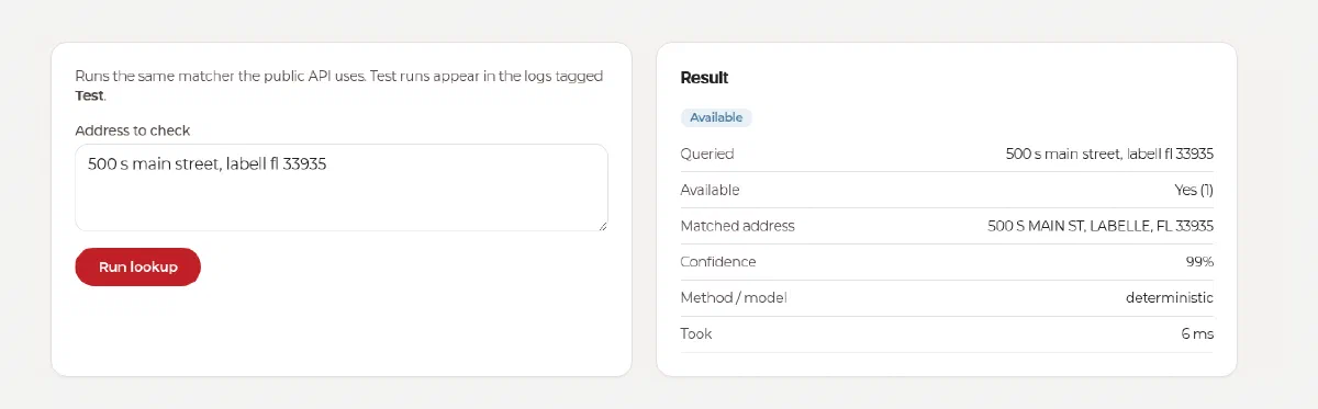 An availability check: the query “500 s main street, labell fl 33935” returns Available: Yes, matched to “500 S MAIN ST, LABELLE, FL 33935” at 99% confidence, in 6 ms.