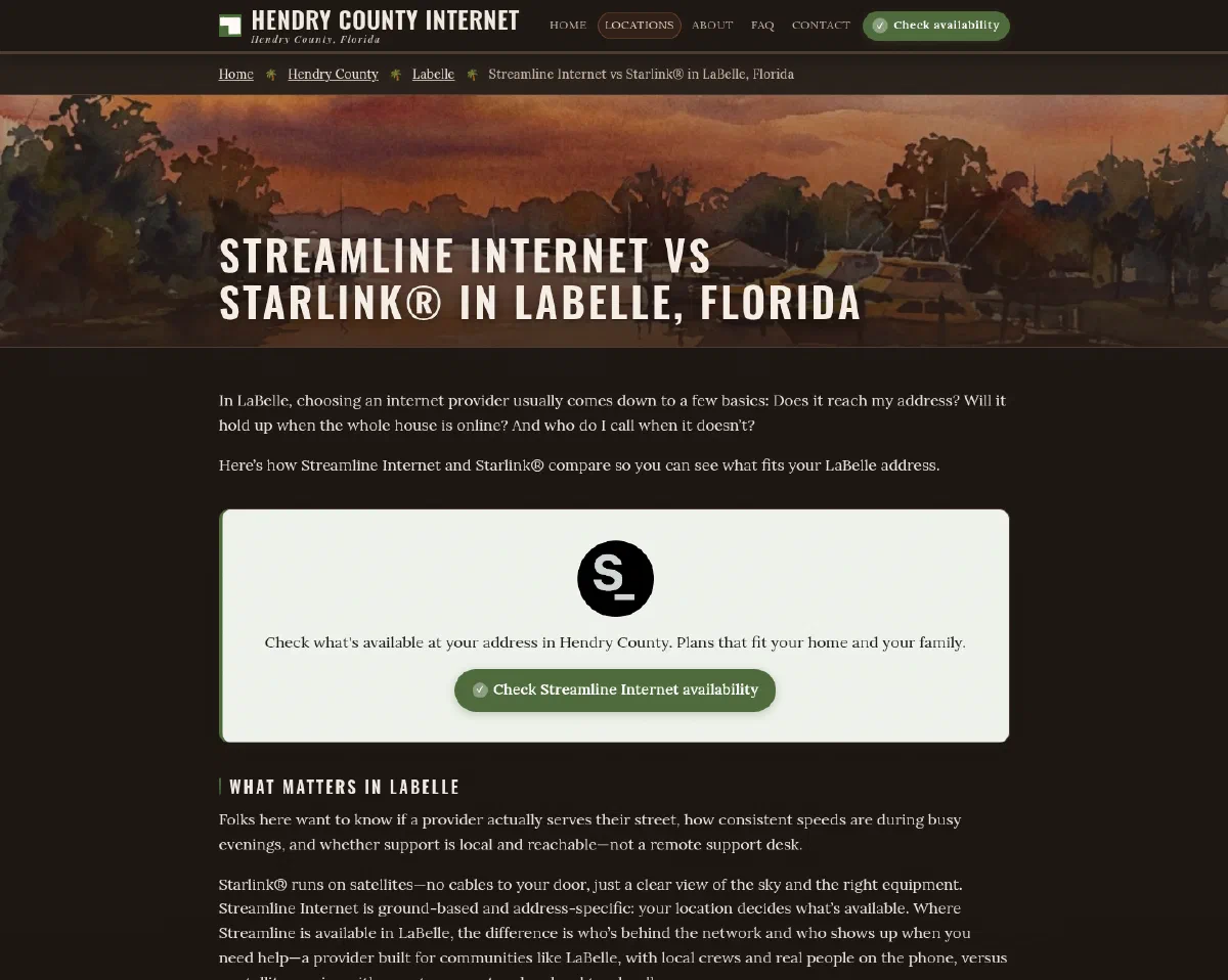 The Hendry County Internet comparison page for Streamline Internet versus Starlink in LaBelle, showing a Streamline call-to-action card mid-article and a “What matters in LaBelle” section beneath it.