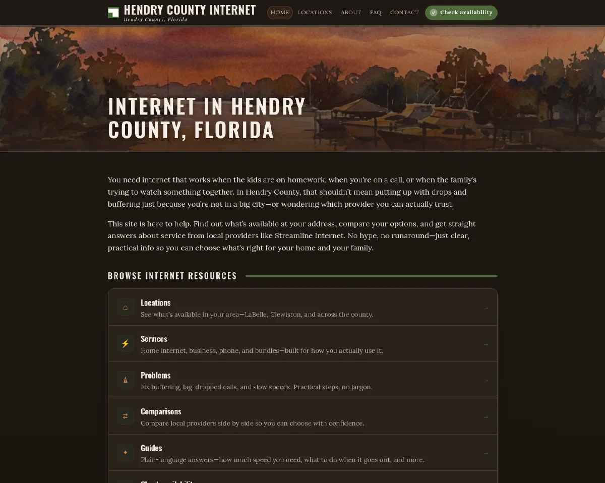 The Hendry County Internet homepage, headed “Internet in Hendry County, Florida” over a watercolor of the Caloosahatchee at sunset, with cards for Locations, Services, Problems, Comparisons, and Guides.