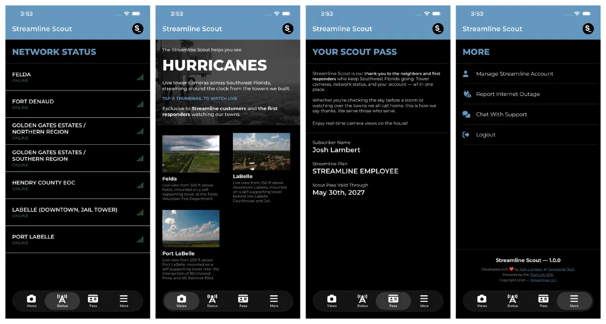 Four screens of the Streamline Scout app: the network status list showing Felda, Fort Denaud, Golden Gate Estates north and south, the Hendry County EOC, LaBelle, and Port LaBelle all online; the live camera views screen; the Scout Pass credential; and the More menu with account, outage reporting, and chat.