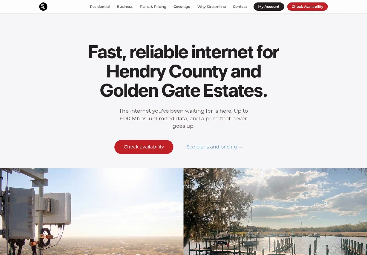 The Streamline Internet homepage, with the headline “Fast, reliable internet for Hendry County and Golden Gate Estates” above a Check Availability button and a photograph of tower radios looking out over Port LaBelle.