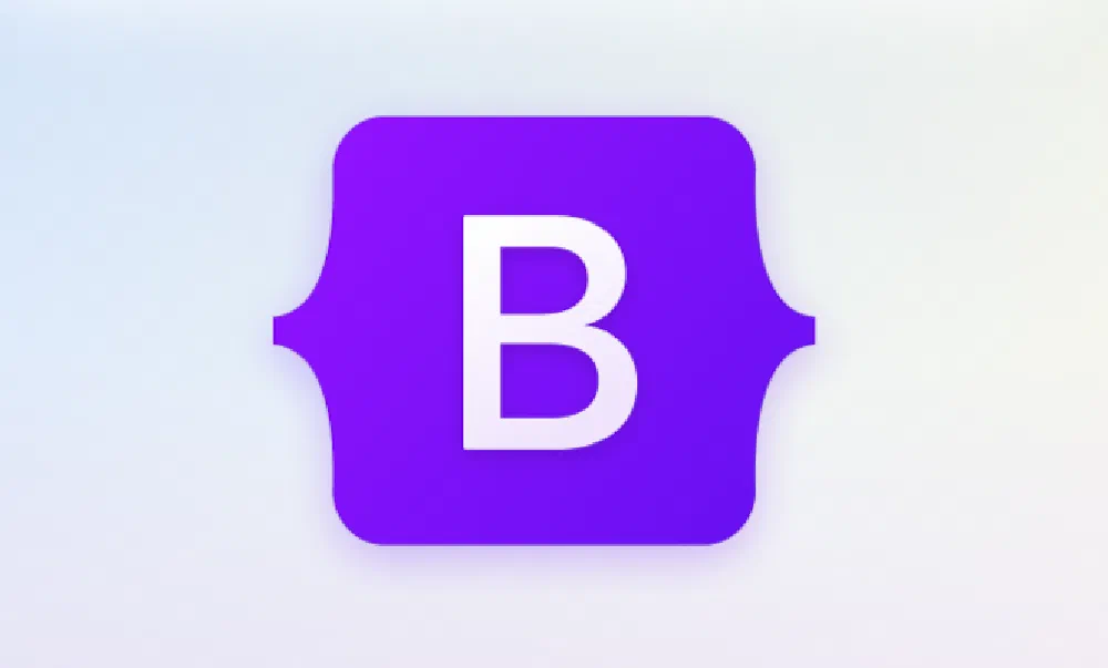 Bootstrap framework logo, a white capital ‘B’ inside a purple curly-brace badge on a soft blue gradient.