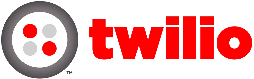Twilio logo, with the four-dot face icon (two red, two gray) inside a gradient gray circle next to the red 'twilio' wordmark.