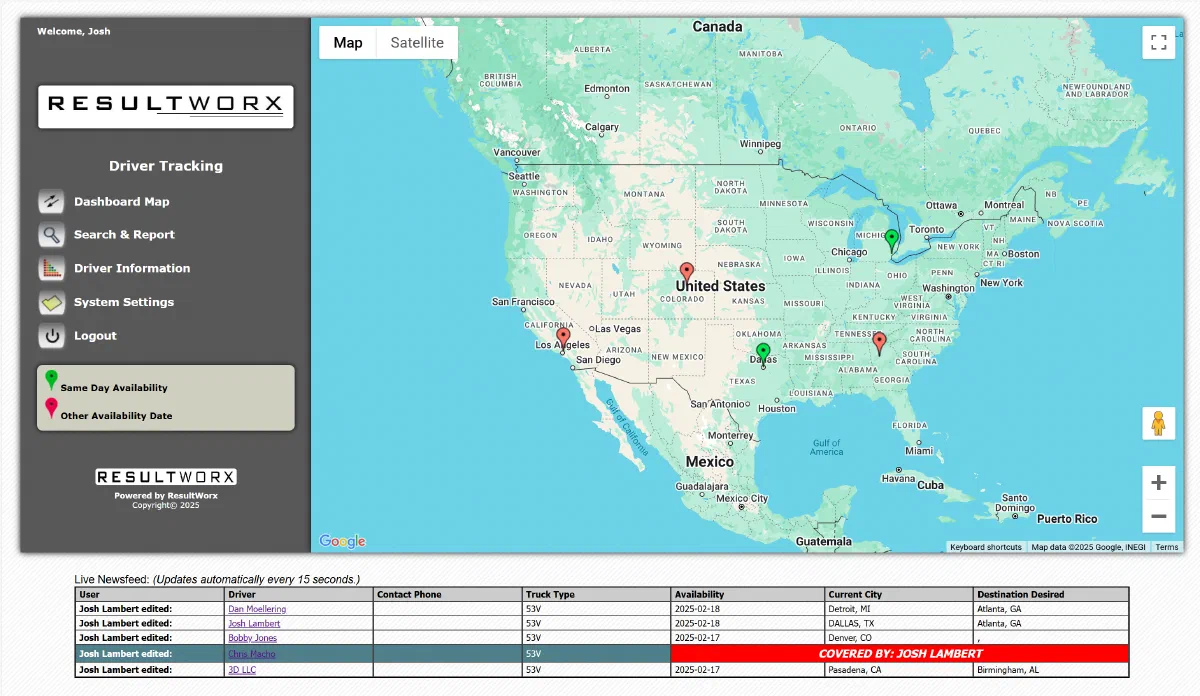 Screenshot of the ResultWorx Driver Tracking dashboard, with a North American Google map of available drivers on the right and a recent activity feed below.