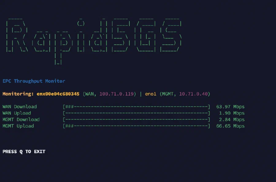 Terminal screenshot of Rapid5GS's EPC Throughput Monitor showing live WAN, MGMT, and uplink/downlink Mbps bars for the connected eNB.
