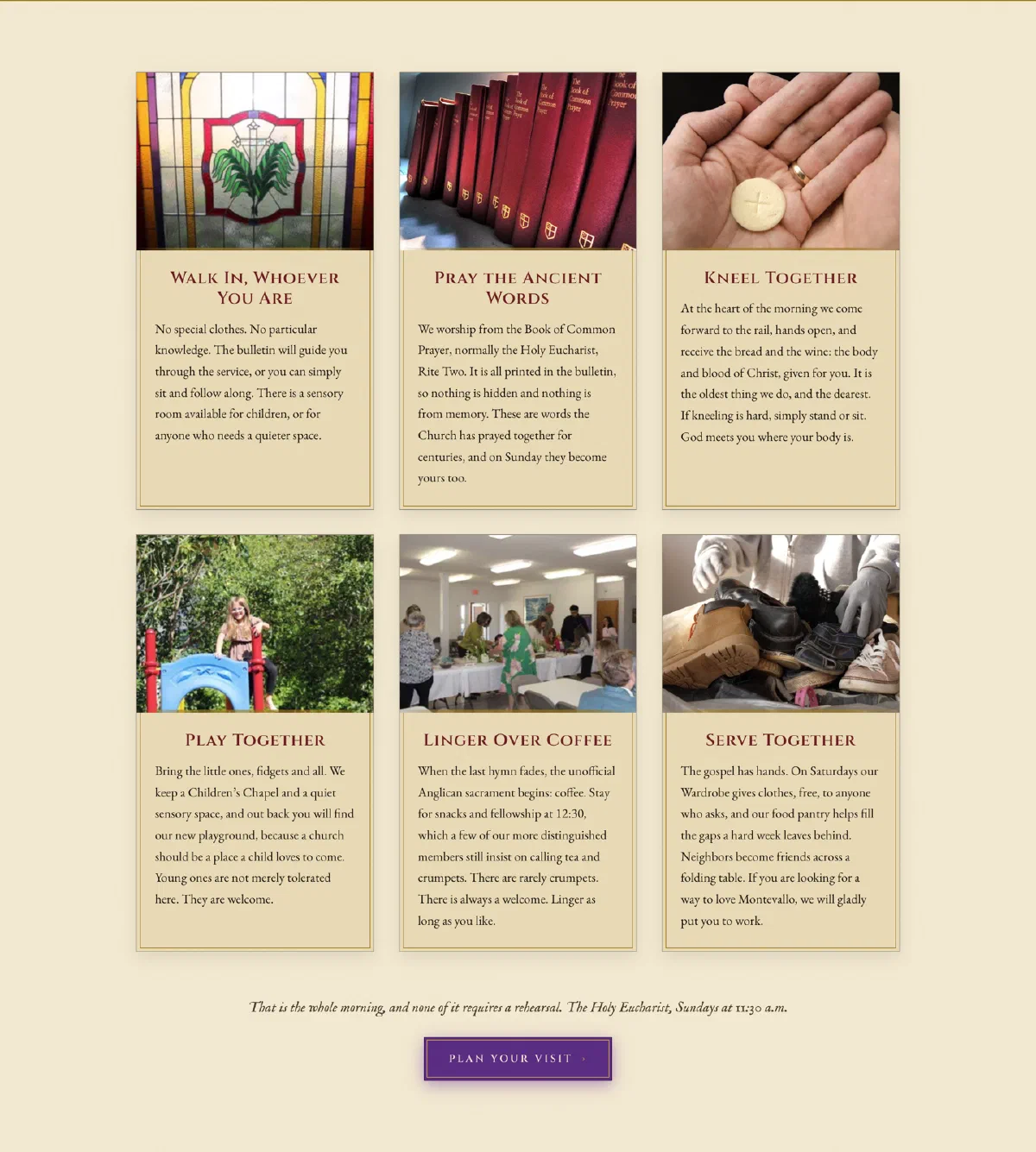 Six parchment cards under the heading What to Expect, each with a photo and a short answer: Walk In Whoever You Are, Pray the Ancient Words, Kneel Together, Play Together, Linger Over Coffee, and Serve Together.