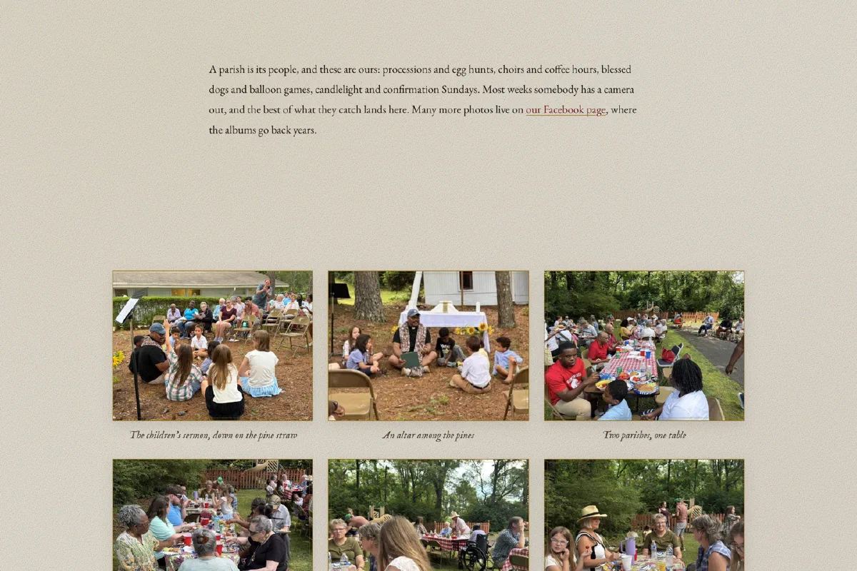 The Parish Life gallery: a section titled Mass in the Pines with photos of an outdoor service, children sitting on pine straw for the sermon, and two congregations sharing a long picnic table.