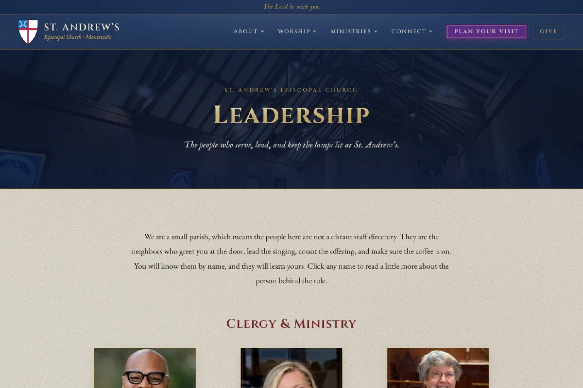 The Leadership page: a gold title over a photo of the church interior, with an introduction reading “We are a small parish, which means the people here are not a distant staff directory,” above a grid of portraits.