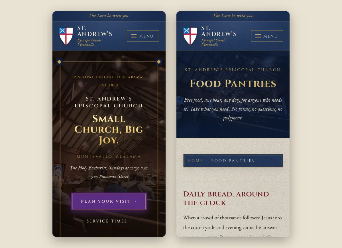 Two phone screens side by side: the homepage with the gold Small Church Big Joy title and purple Plan Your Visit button, and the Food Pantries page reading “Free food, any hour, any day, for anyone who needs it.”