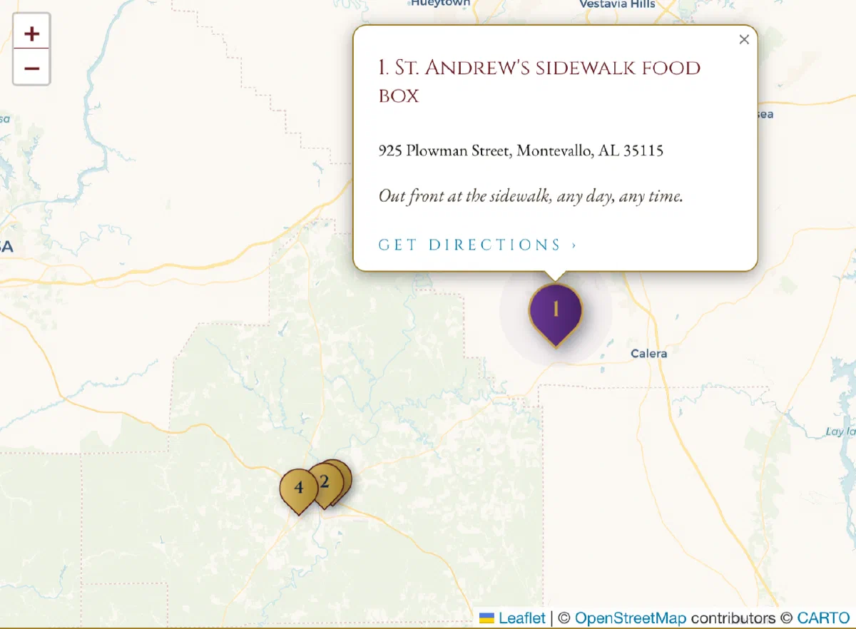 The food pantry map: a parchment-toned map with numbered gold pins, the St. Andrew’s pin in purple, and an open card for the sidewalk food box reading “Out front at the sidewalk, any day, any time,” with a Get Directions link.