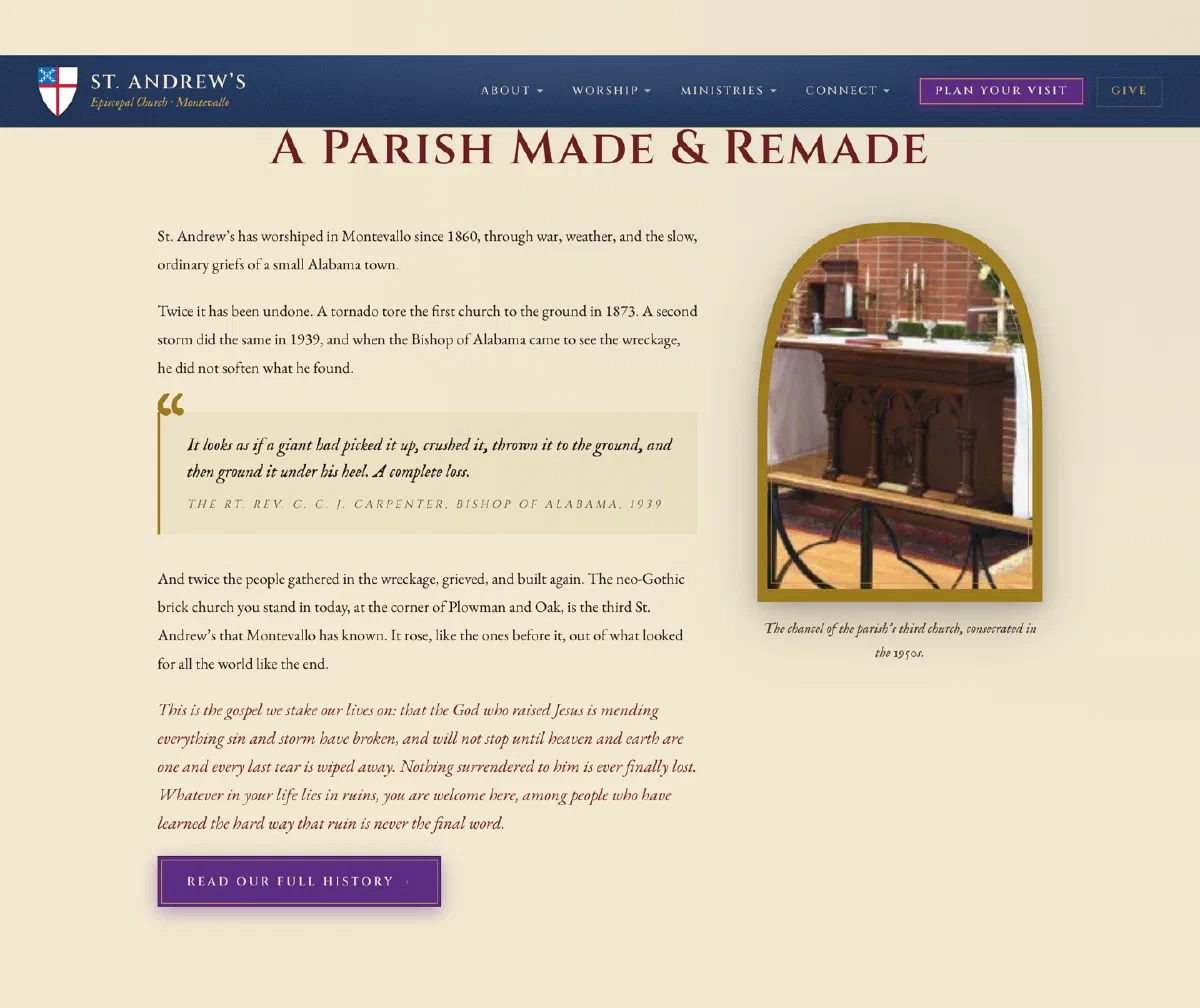 The homepage history section: a parchment background, a deep red heading reading A Parish Made and Remade, the 1939 quote from the Bishop of Alabama, and a photo of the altar inside a gold arch.