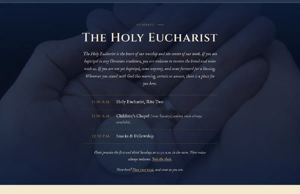 The Holy Eucharist section: a deep blue panel with a photo of open hands, a gold heading, a warm invitation in italic type, and the Sunday schedule ruled with thin gold lines.
