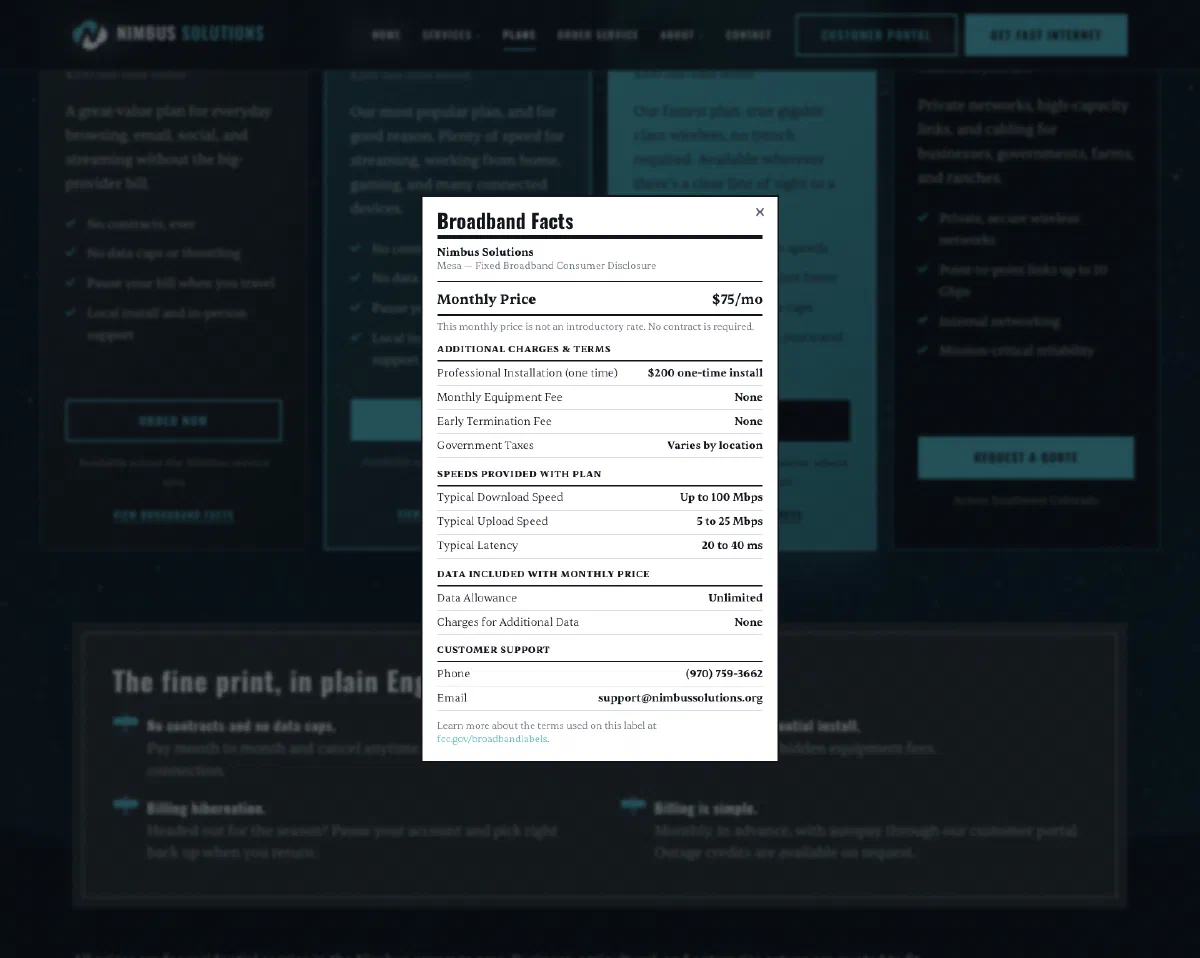 The Broadband Facts label for the Mesa plan, an FCC-style disclosure showing the $75 monthly price, the $200 one-time install, no equipment or termination fees, typical speeds and latency, and unlimited data.
