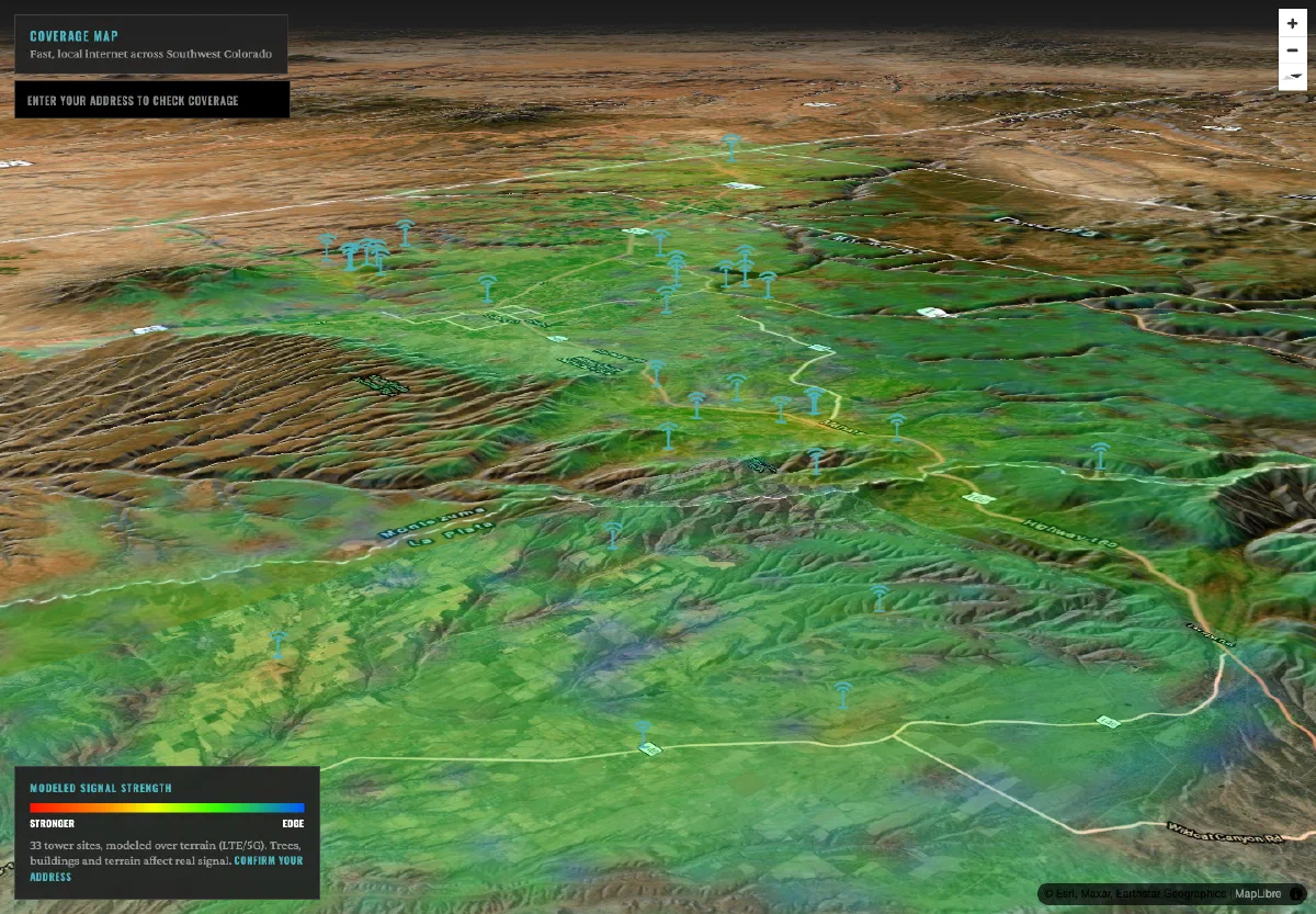 The Nimbus Solutions interactive coverage map, a 3D satellite view of Southwest Colorado with modeled signal strength draped in green over the terrain, tower markers across the Montezuma Valley, and a legend reading 33 tower sites, modeled over terrain.