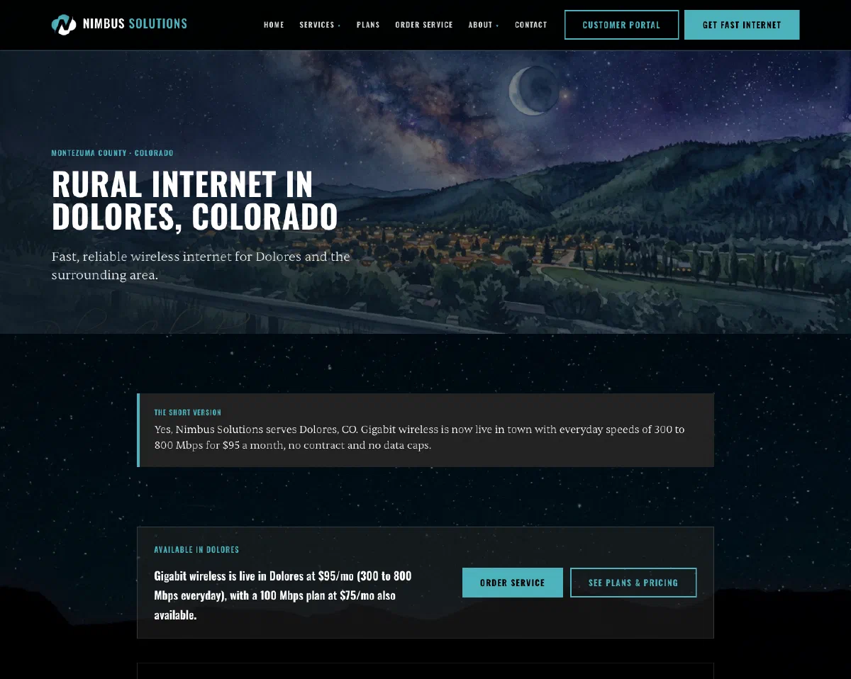 The Nimbus Solutions town page for Dolores, Colorado, with a watercolor of the town at night under the Milky Way, and a “The short version” box answering immediately: yes, Nimbus serves Dolores, with gigabit wireless live in town.