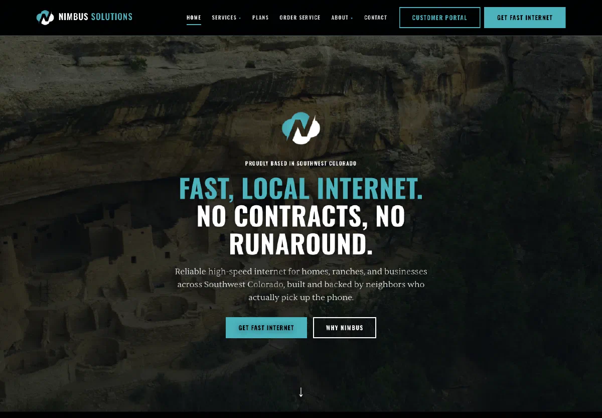 The Nimbus Solutions homepage, with the headline “Fast, local internet. No contracts, no runaround.” over a photograph of the Mesa Verde cliff dwellings, with Customer Portal and Get Fast Internet buttons in the nav.