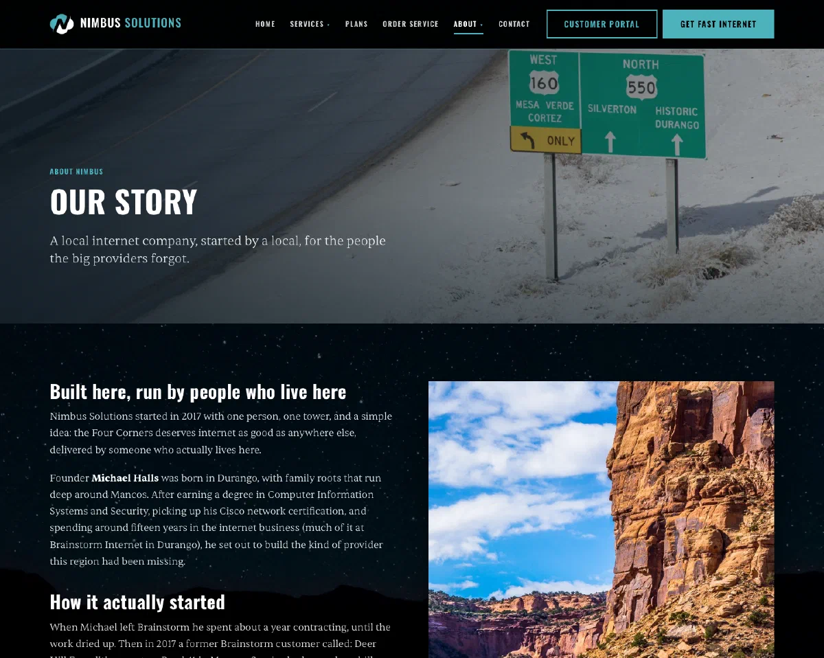 The Nimbus Solutions Our Story page, headed “Our Story” over a photograph of snowy highway signs pointing toward Mesa Verde, Cortez, Silverton, and Historic Durango, above the opening of the founding history.