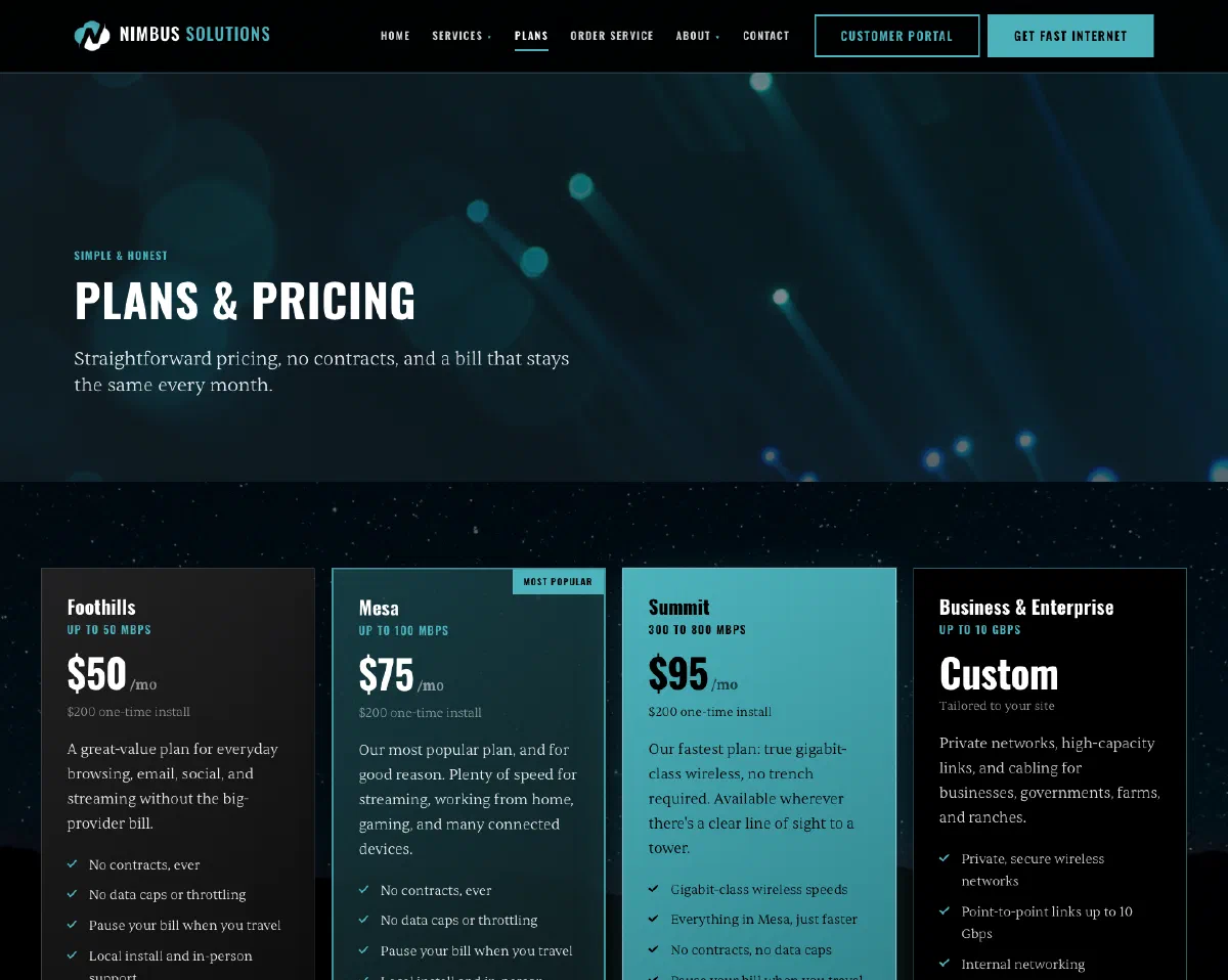 The Nimbus Solutions plans page, showing four cards: Foothills at $50 for up to 50 Mbps, Mesa at $75 for up to 100 Mbps marked Most Popular, Summit at $95 for 300 to 800 Mbps, and a custom Business & Enterprise tier.