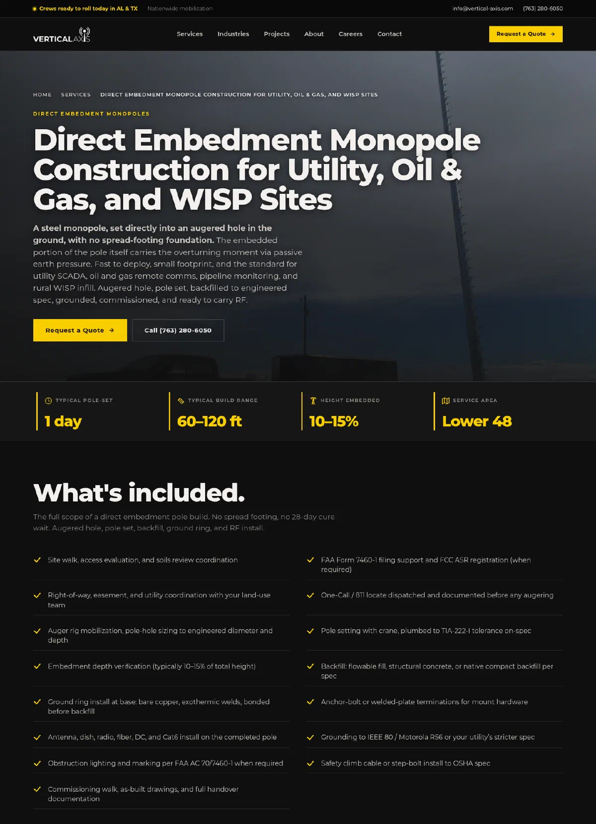 The Direct Embedment Monopoles page: hero headline over a stats band reading one day, 60 to 120 feet, 10 to 15 percent embedded, lower 48, above a checklist of what the build includes.
