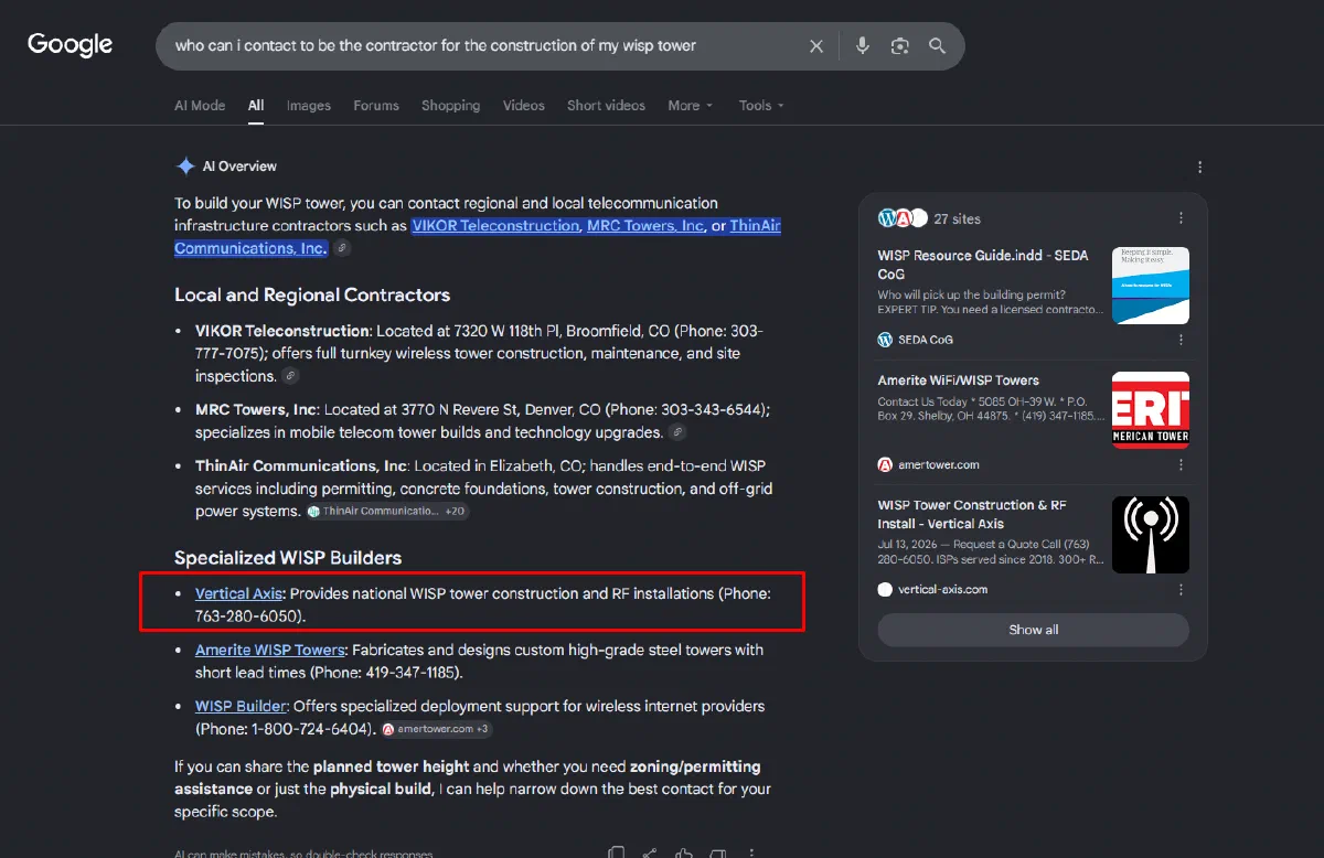 Google’s AI Overview for the question “who can i contact to be the contractor for the construction of my wisp tower,” listing Vertical Axis under Specialized WISP Builders with its phone number.