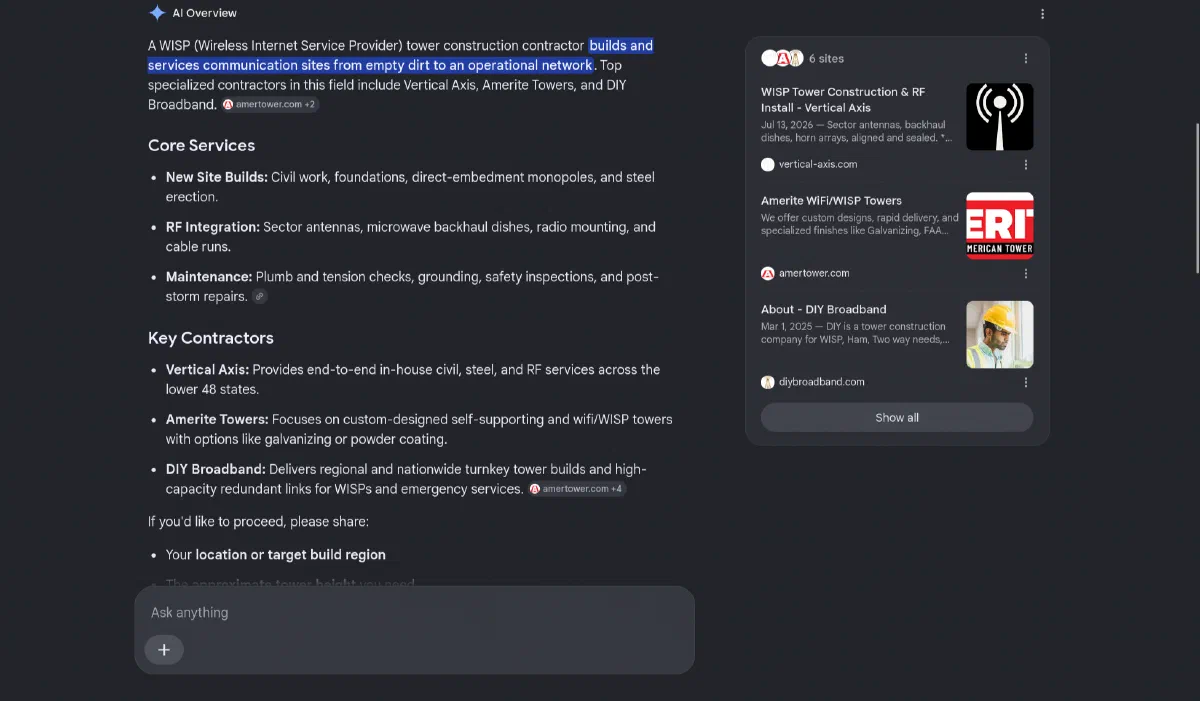 Google’s AI Overview for “wisp tower construction contractor,” defining the category as building and servicing communication sites from empty dirt to an operational network, and naming Vertical Axis first among the key contractors, with vertical-axis.com at the top of the sources panel.