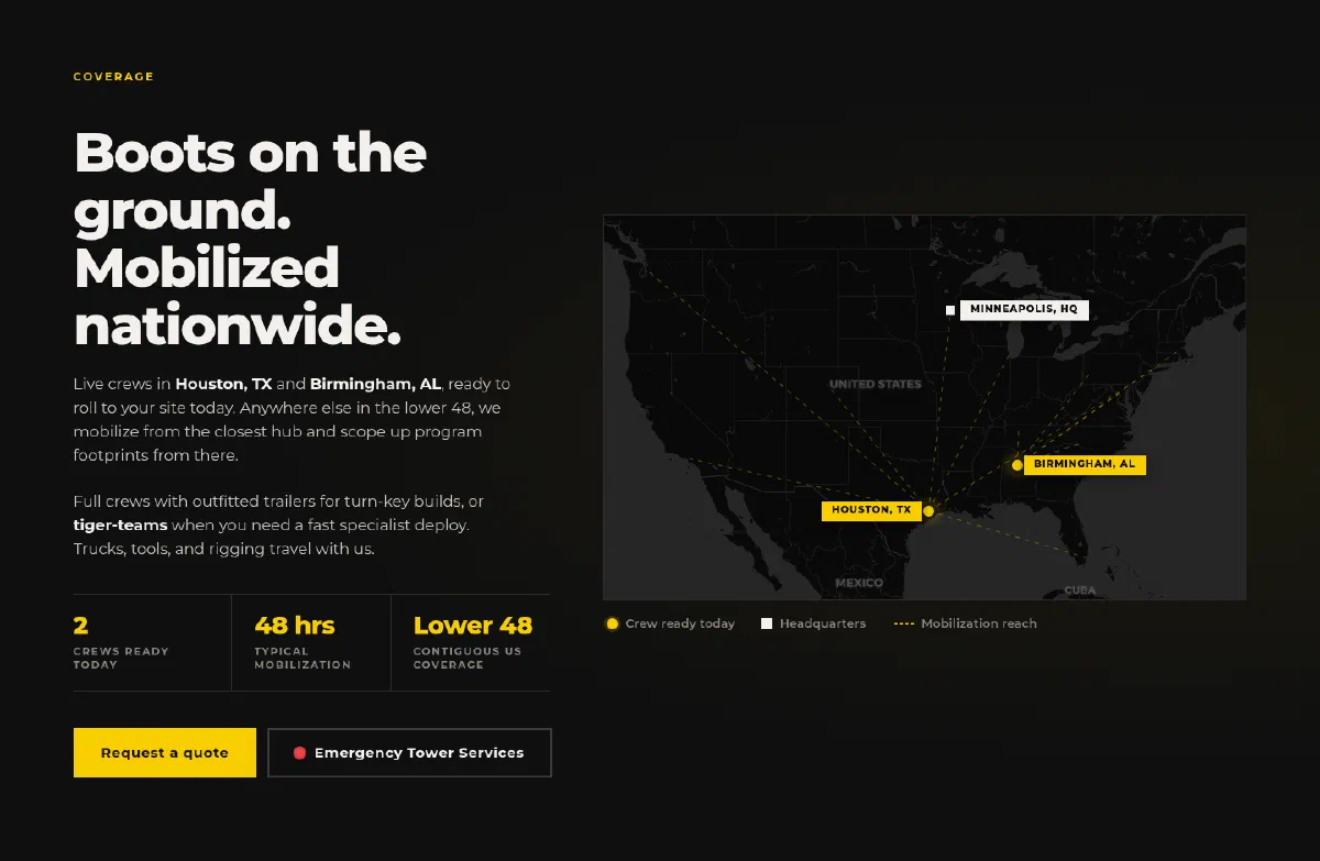 The Vertical Axis service area page: a dark US map with Minneapolis marked as headquarters and Birmingham and Houston as crew-ready hubs.