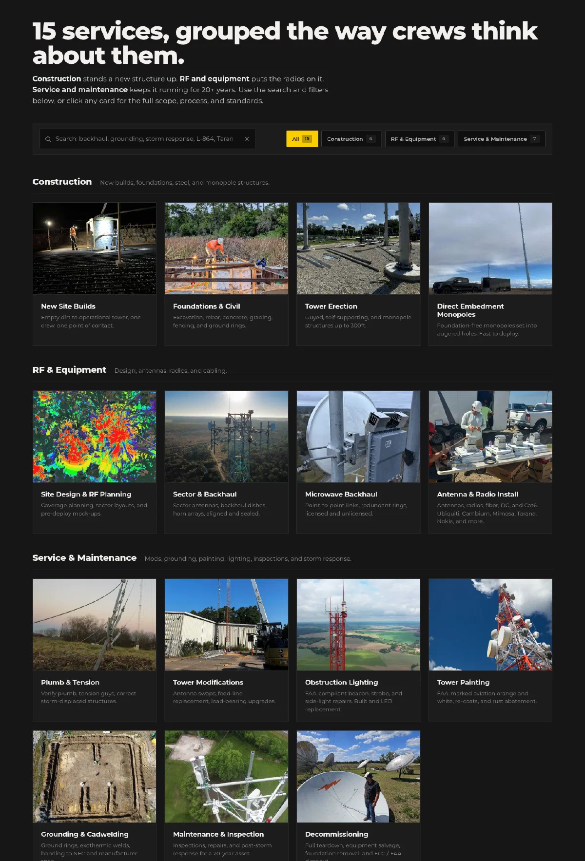 The Vertical Axis services catalog: fifteen photographed service cards under a search box and category filters, grouped into Construction, RF & Equipment, and Service & Maintenance.