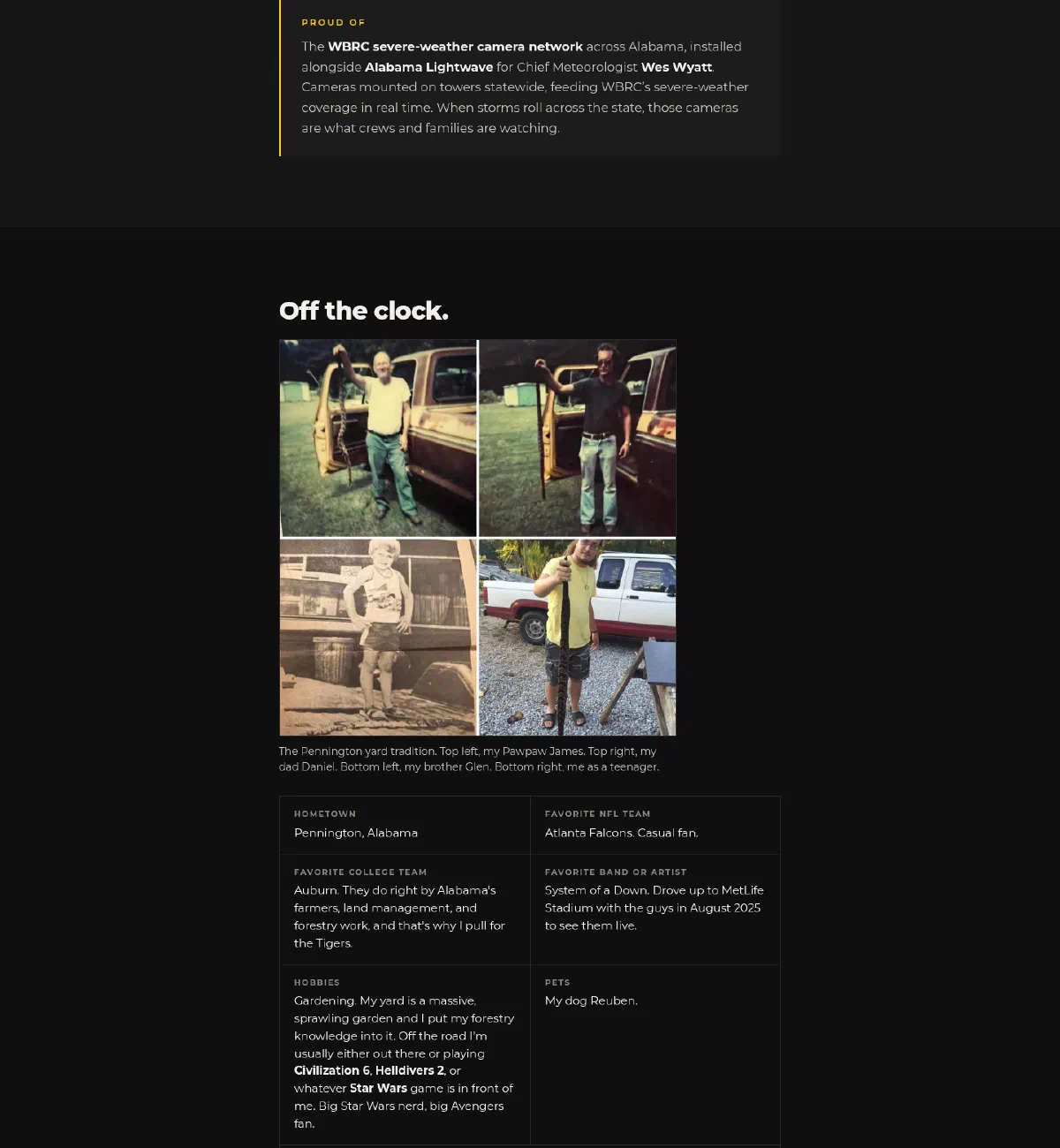 The Tommy Waldrop profile, showing the WBRC weather-camera callout and an “Off the clock” photo grid of four generations of Waldrops posing with snakes beside old trucks.