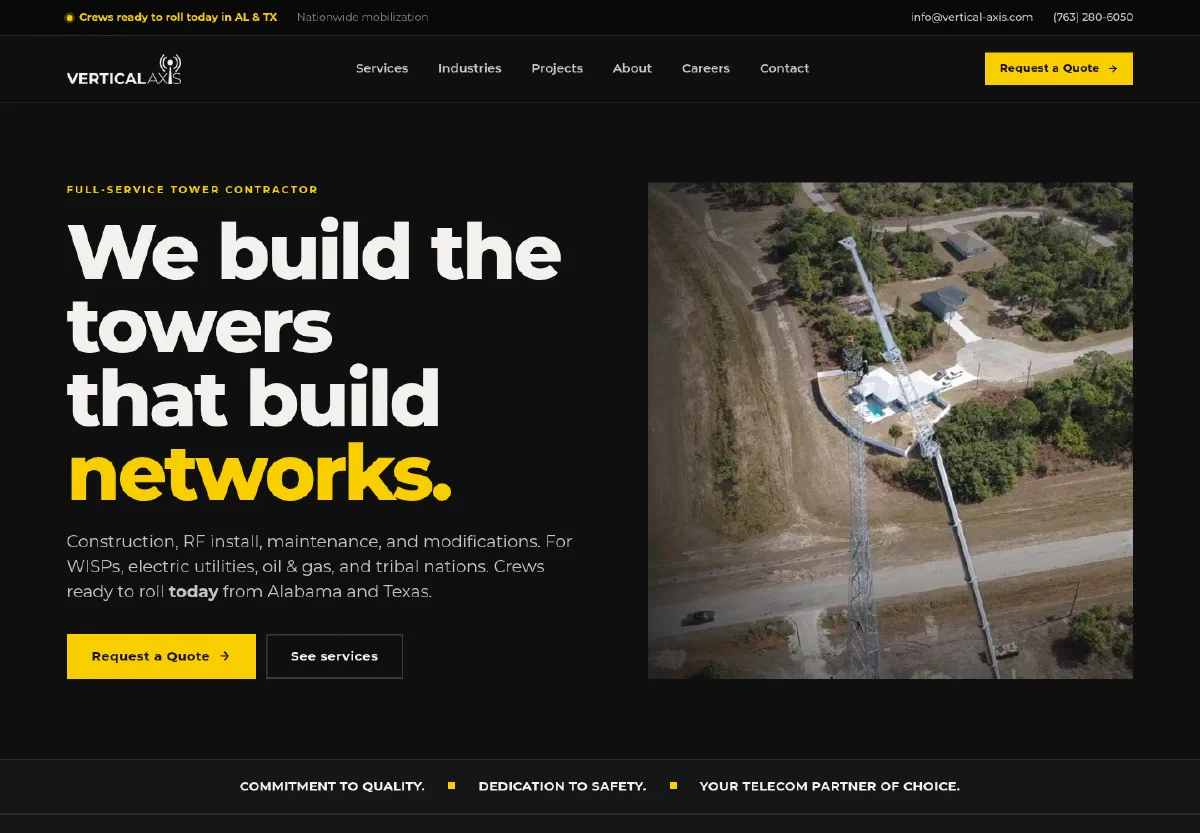 The Vertical Axis home page: the headline “We build the towers that build networks.” in white and yellow on black, over a drone view of a crane beside a lattice tower.