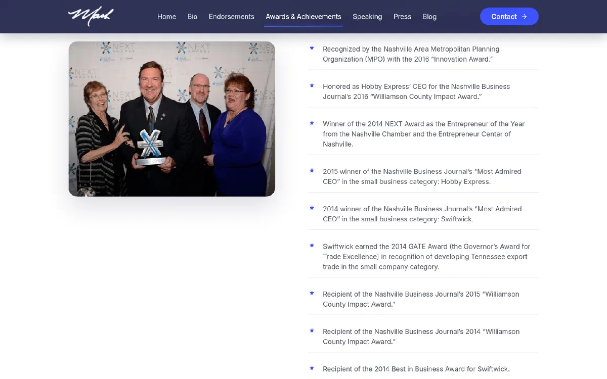 The Awards and Achievements page: a photo of Mark accepting the NEXT Award beside a long list of honors, each with its year, including Most Admired CEO at both Hobby Express and Swiftwick.