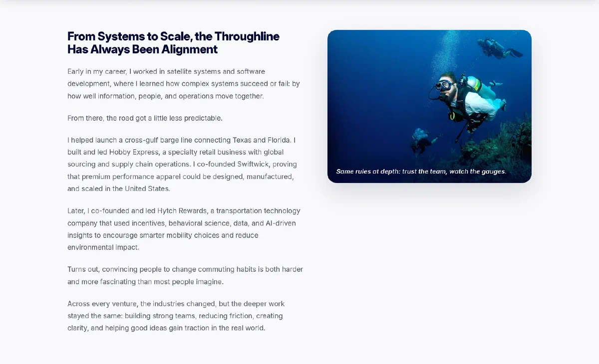 A section of the bio page: text about Mark’s early work in satellite systems and a barge line, next to a photo of him scuba diving over a reef, captioned “Same rules at depth: trust the team, watch the gauges.”