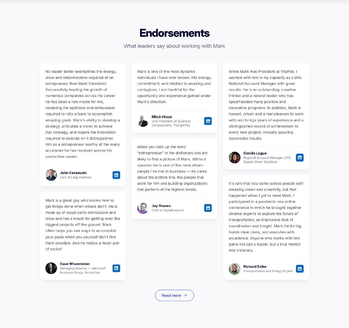 The endorsements section: nine quote cards, each with a photograph of the person, their job title, and a small LinkedIn badge that links to their profile.