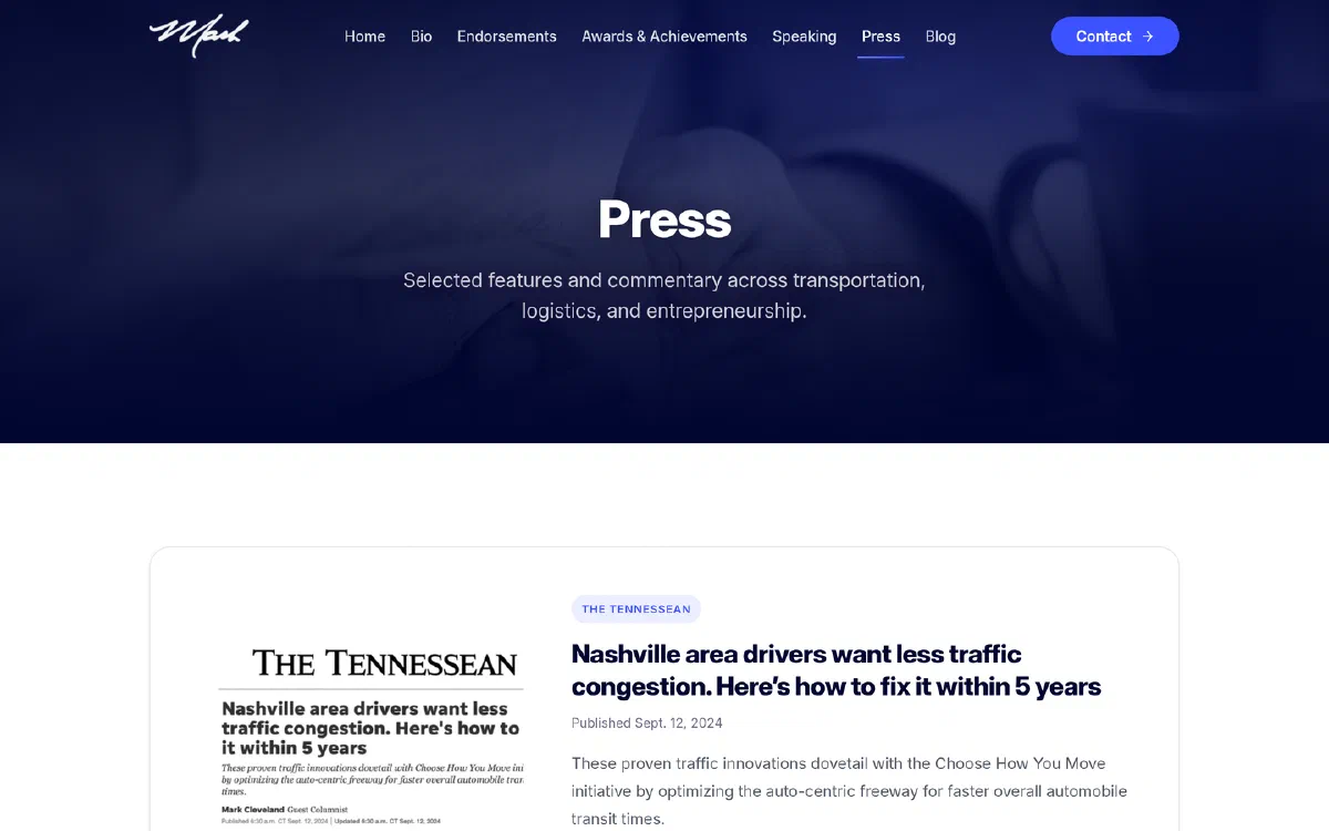 The Press page, showing a clipping from The Tennessean with the headline “Nashville area drivers want less traffic congestion. Here’s how to fix it within 5 years,” its date, and a summary.