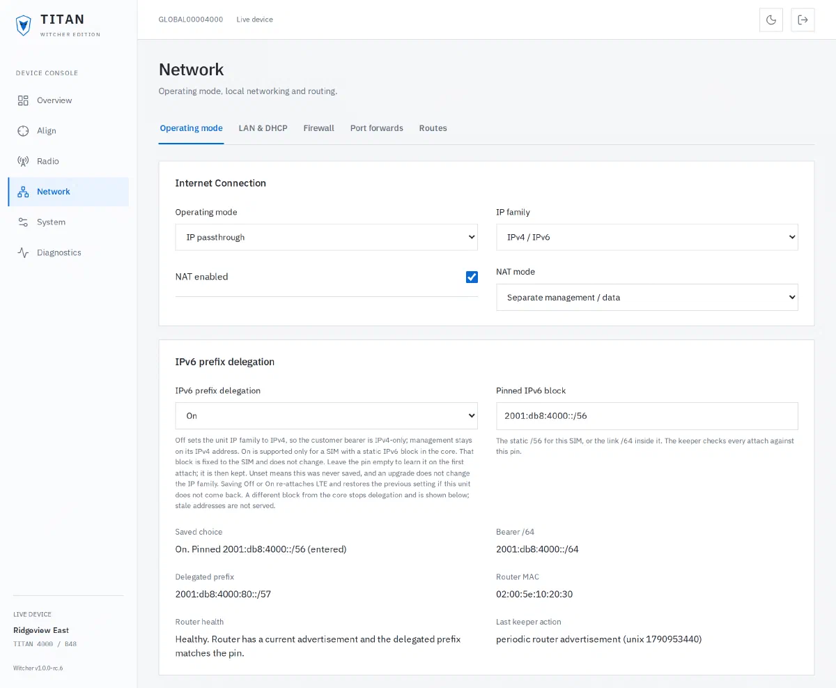 The Witcher Edition network page showing the delegated IPv6 prefix being served to the customer router.