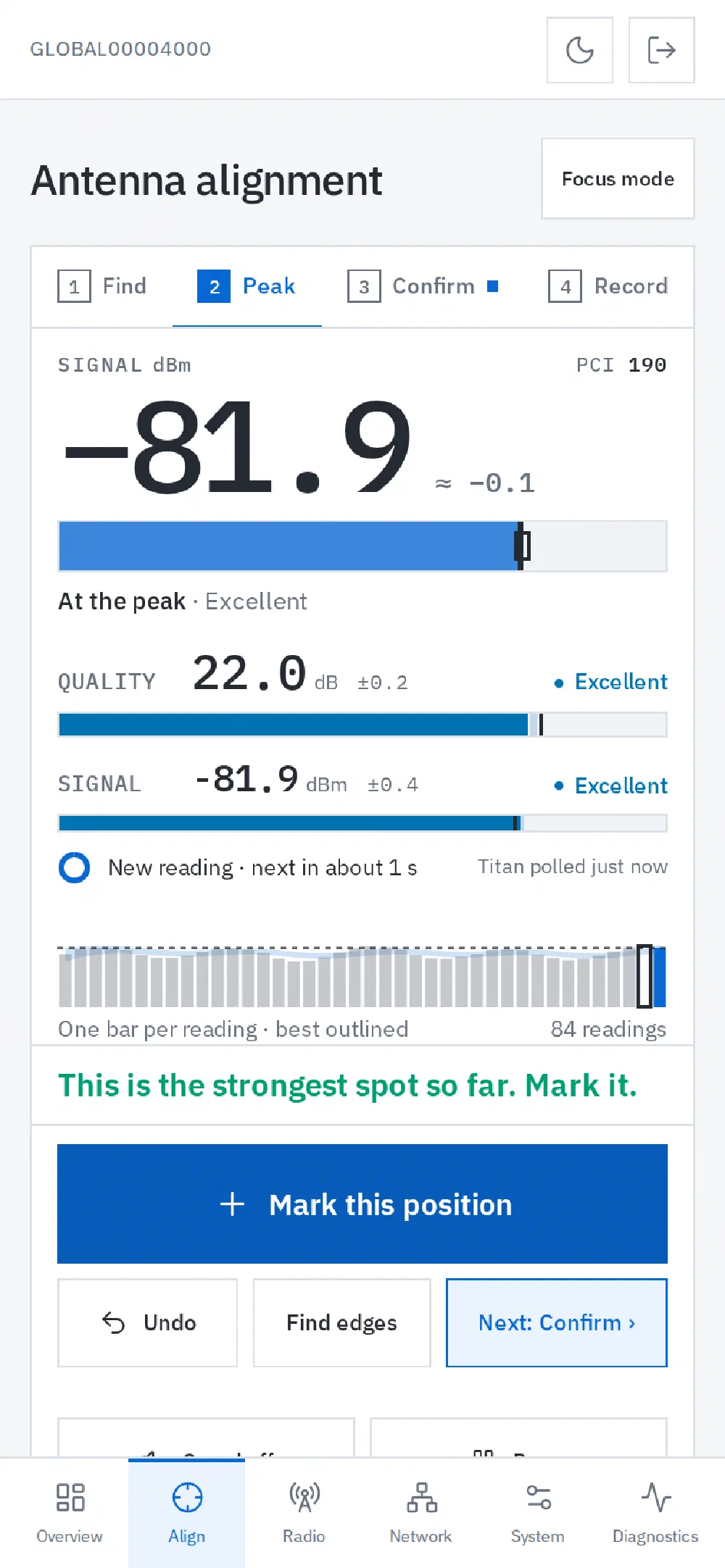 The Align screen on a phone, showing a large live signal reading, quality bars, and a prompt to mark the strongest position.