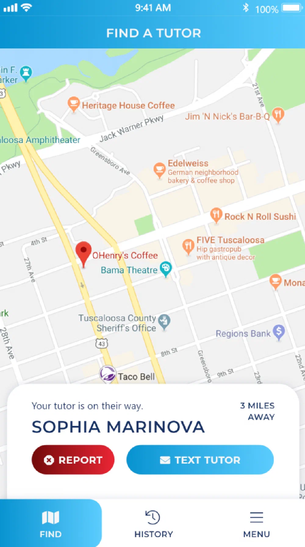 iPhone screenshot of the TUTR app's Find a Tutor map showing pins around Centreville, with Sophia Marinova selected three miles away and Report and Text Tutor actions.