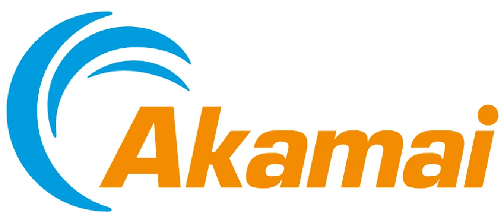 Akamai Technologies logo, with a curving blue stream wave above the orange 'Akamai' wordmark.