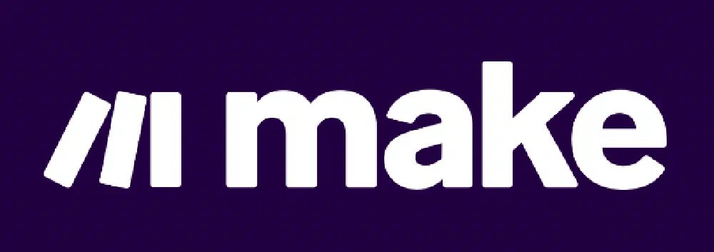Make.com logo, with three white slanted bars and the lowercase 'make' wordmark on a deep purple background.
