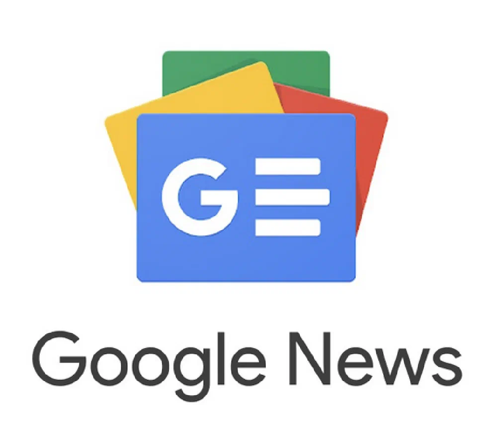 Google News logo, three offset news-card pages in red, yellow, and green behind a blue card with a white 'G' and content lines, above the 'Google News' wordmark.