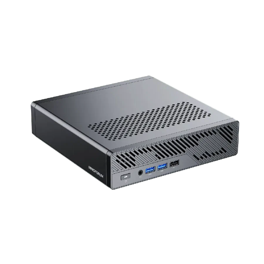 A Minisforum MS-A2 mini workstation, a small black square computer with dense cooling vents.