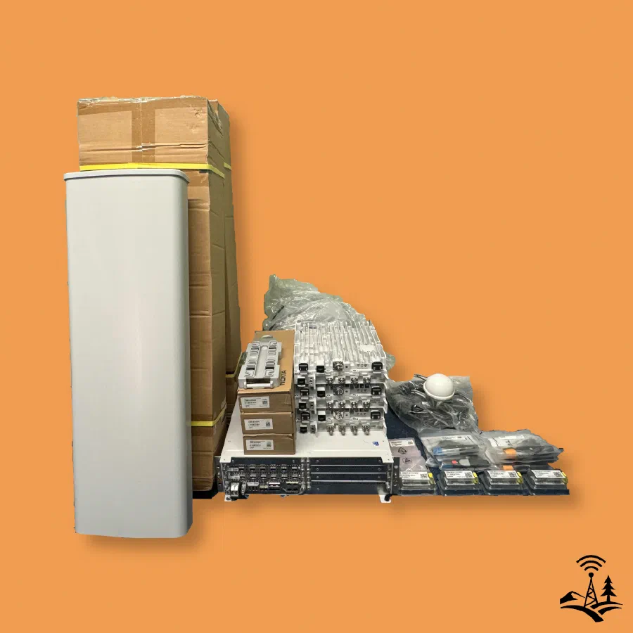 A complete Nokia AZQC 3-sector CBRS site kit laid out on a pallet: sector antennas, boxed AZQC radios, a Nokia AirScale baseband, RF jumpers, and mounting hardware.
