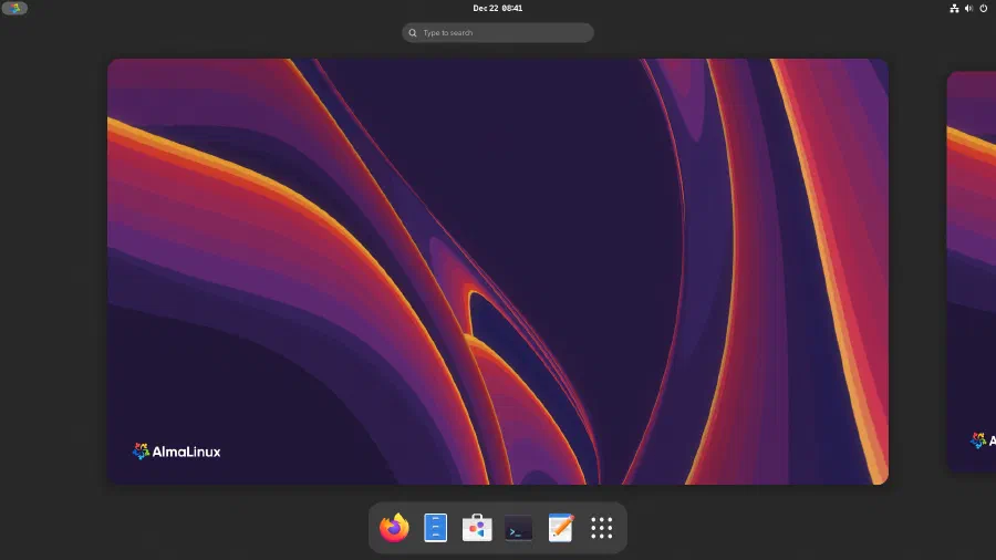 An AlmaLinux GNOME desktop, the purple and orange ribbon wallpaper above the dock.