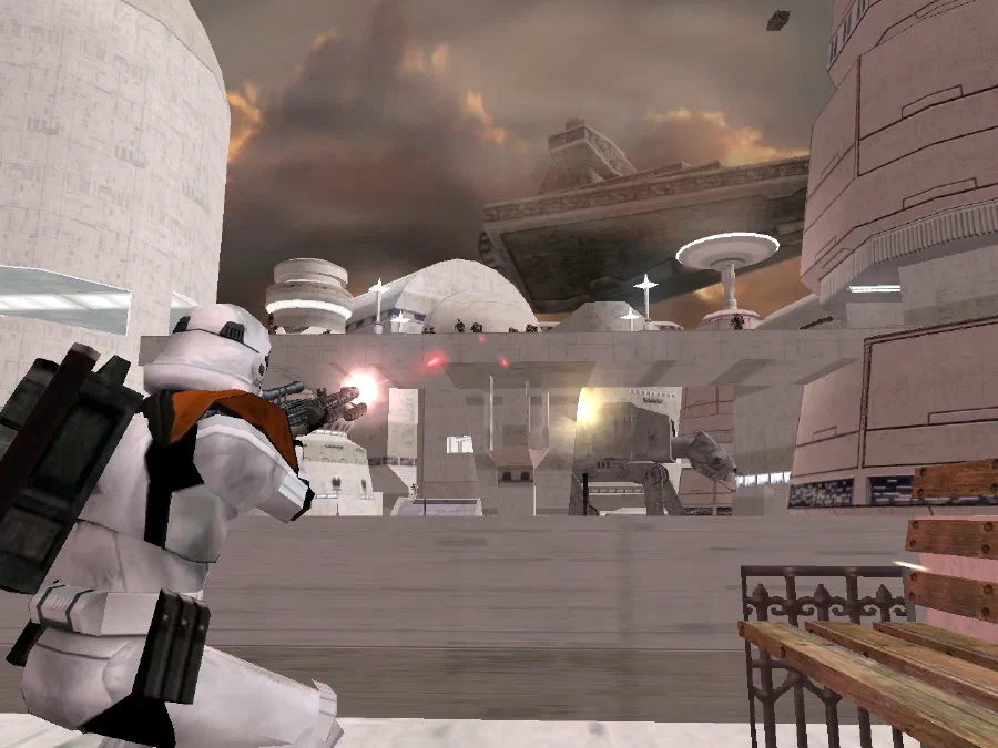 Star Wars: Battlefront, a clone trooper firing across the white architecture of Cloud City as an AT-AT walks below.